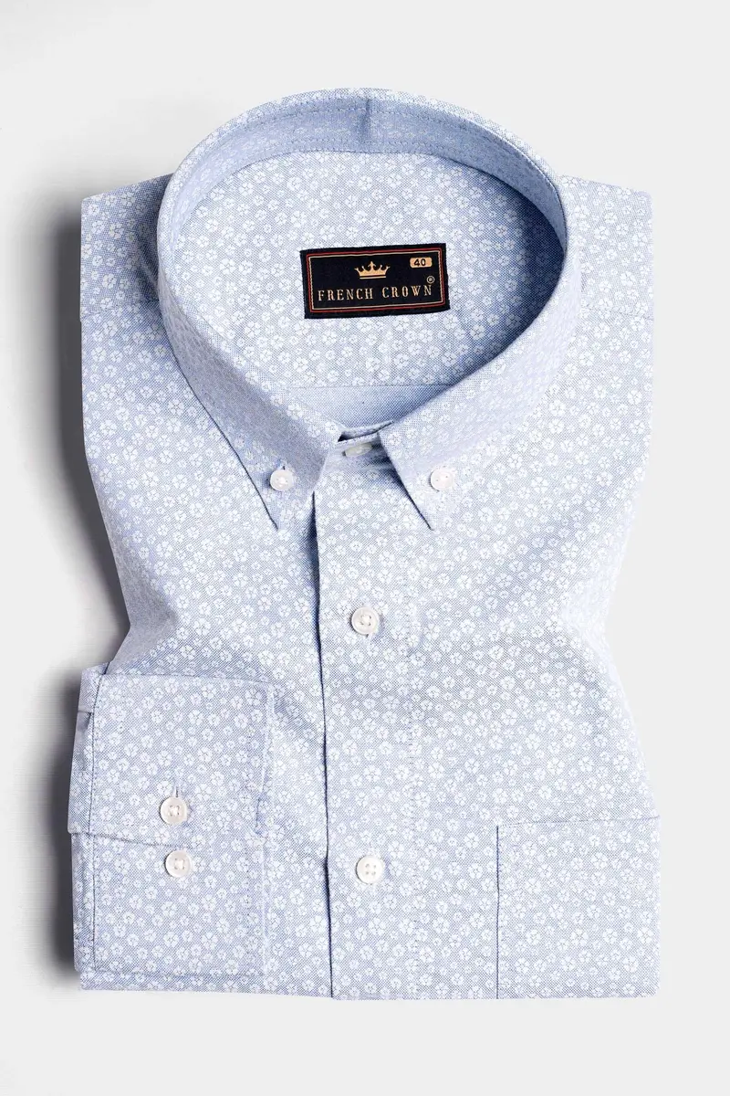 Pale Aqua Blue And White Ditsy Printed Royal Oxford Shirt 3