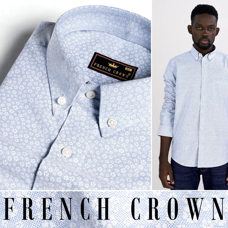Pale Aqua Blue And White Ditsy Printed Royal Oxford Shirt 4