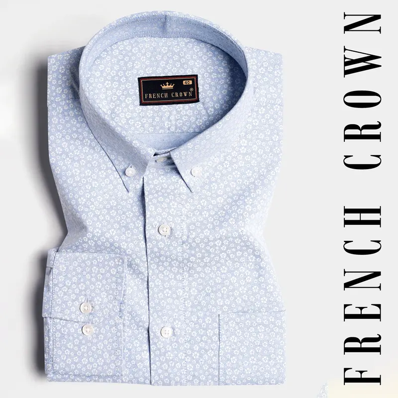 Pale Aqua Blue And White Ditsy Printed Royal Oxford Shirt 7