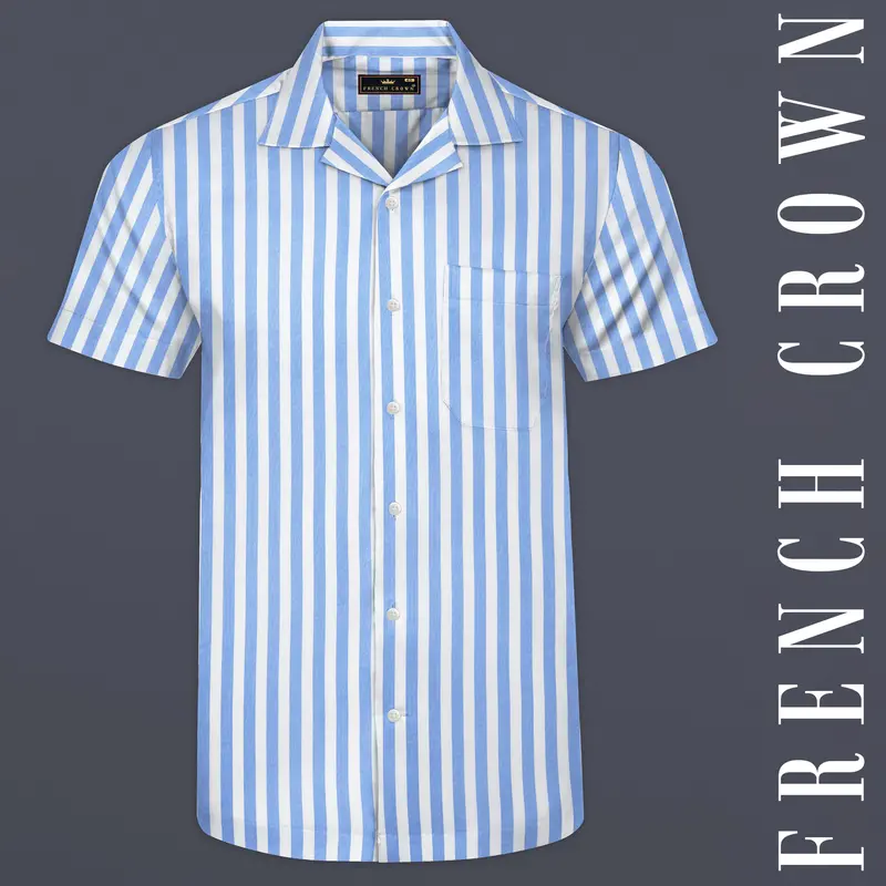 Pale Aqua Blue And White Striped Premium Tencel Shirt 1