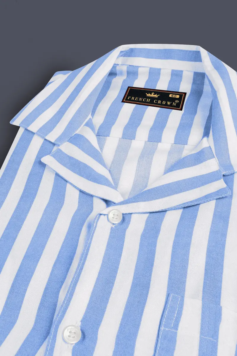 Pale Aqua Blue And White Striped Premium Tencel Shirt 4