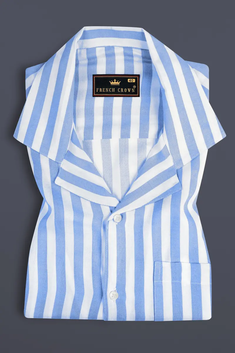 Pale Aqua Blue And White Striped Premium Tencel Shirt 5