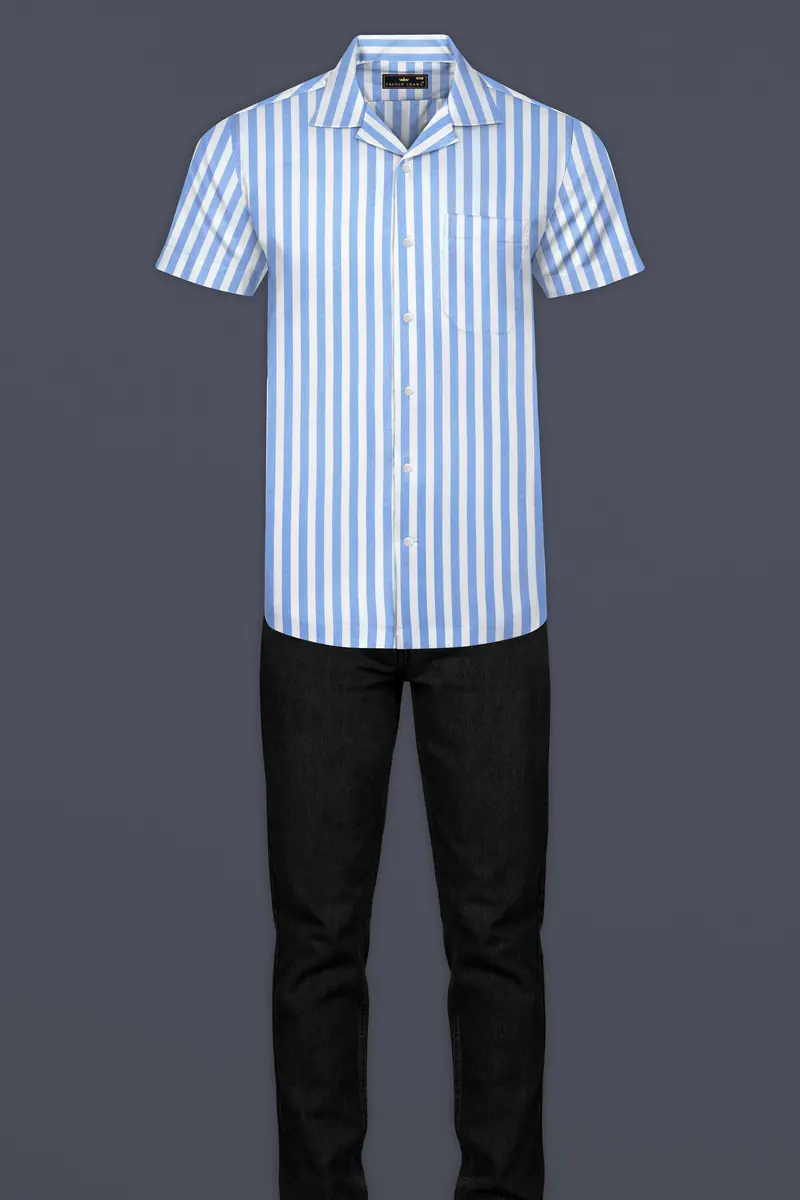 Pale Aqua Blue And White Striped Premium Tencel Shirt 7