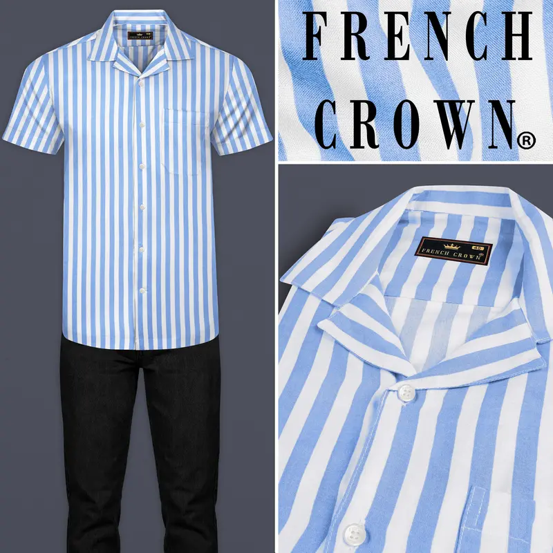 Pale Aqua Blue And White Striped Premium Tencel Shirt 8
