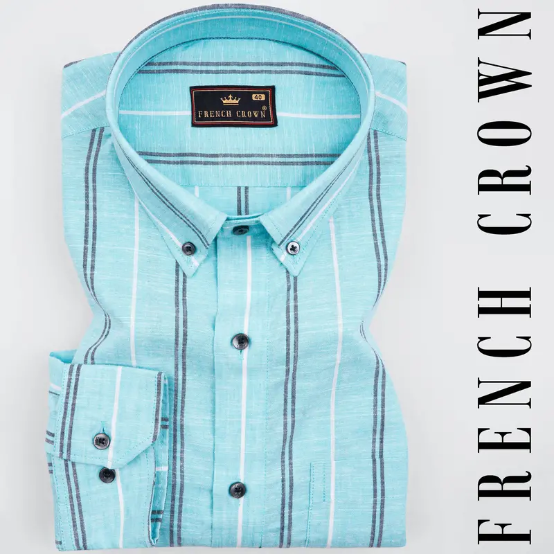 Pale Aqua Blue With Black And White Striped Luxurious Linen Shirt 1