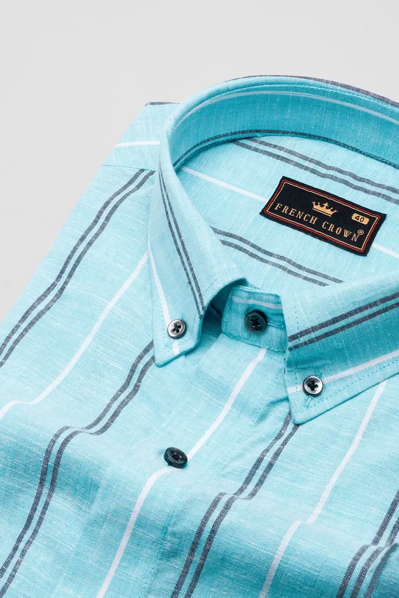 Pale Aqua Blue With Black And White Striped Luxurious Linen Shirt 2