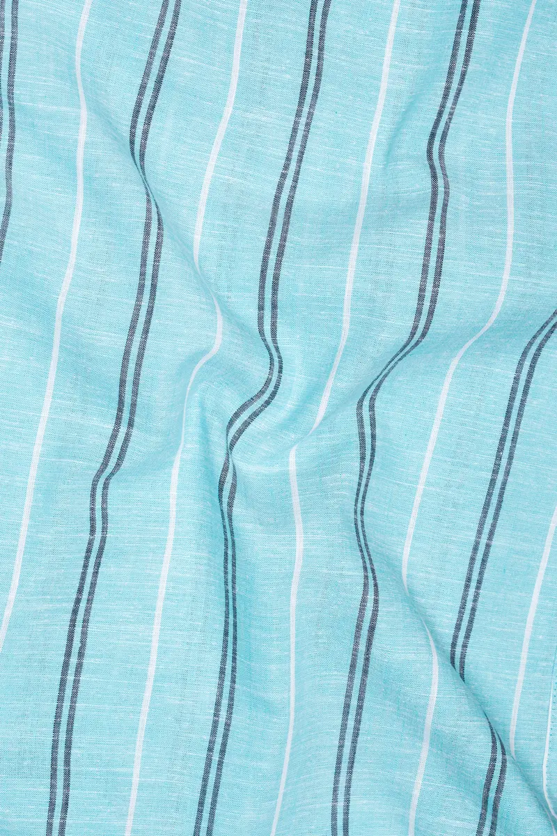 Pale Aqua Blue With Black And White Striped Luxurious Linen Shirt 3