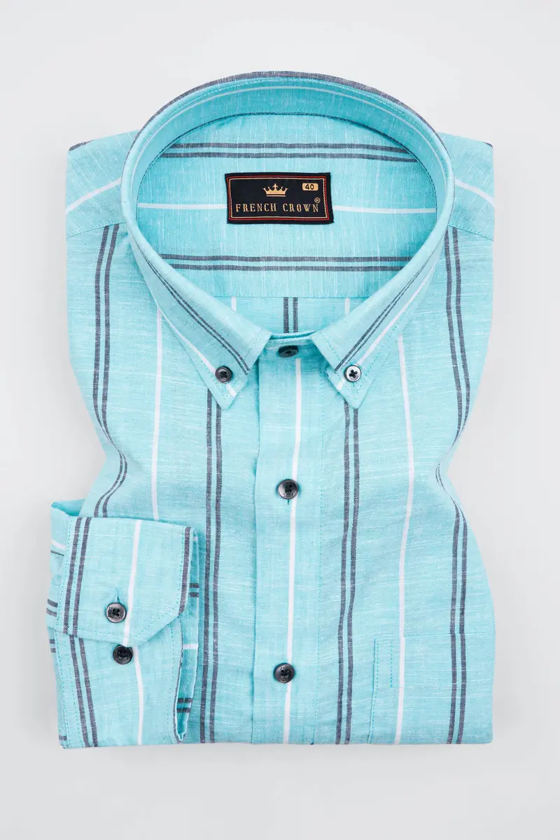 Pale Aqua Blue With Black And White Striped Luxurious Linen Shirt 4