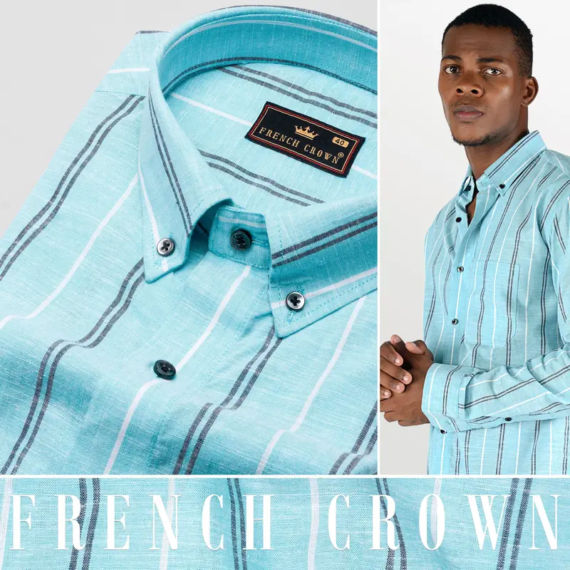 Pale Aqua Blue With Black And White Striped Luxurious Linen Shirt 5