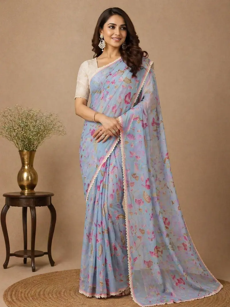 Pale Blue Floral Designed Georgette Fancy Saree 1