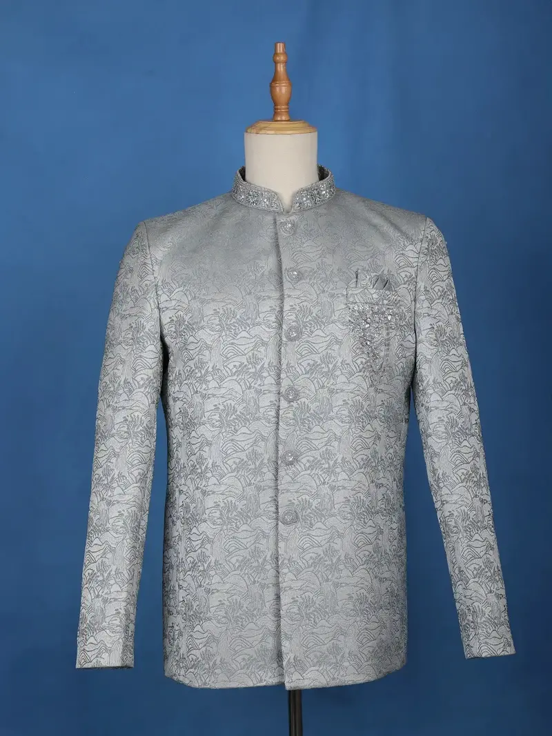 Pale Blue Floral Designed Jodhpuri Men's Suit 1