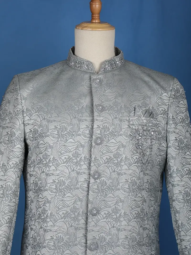Pale Blue Floral Designed Jodhpuri Men's Suit 2