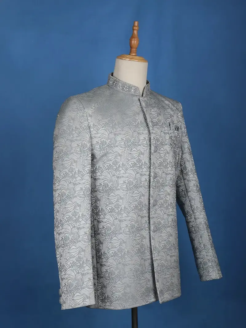 Pale Blue Floral Designed Jodhpuri Men's Suit 3