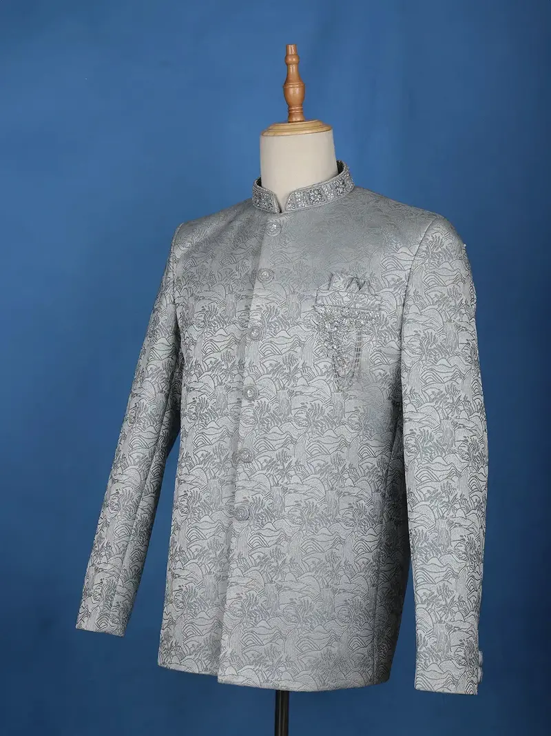 Pale Blue Floral Designed Jodhpuri Men's Suit 4