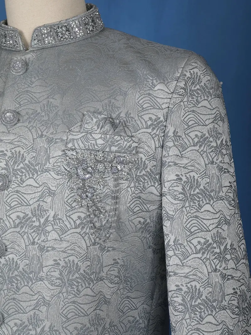 Pale Blue Floral Designed Jodhpuri Men's Suit 5