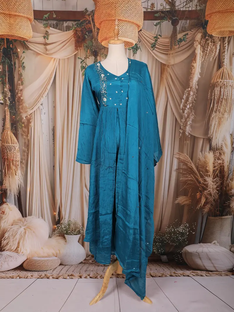 Pale Blue Floral Embroidered Design Cotton Anarkali Salwar Suit 1