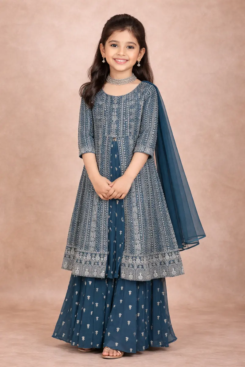 Pale Blue Mirror Embroidered Design Georgette Kids Palazzo Suit 1