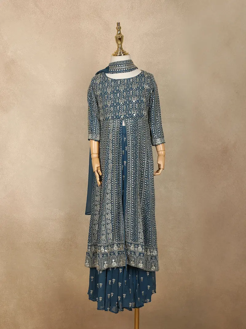 Pale Blue Mirror Embroidered Design Georgette Kids Palazzo Suit 2
