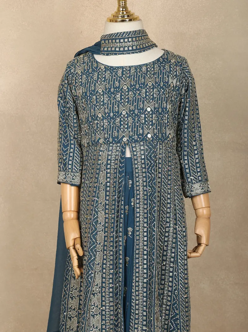 Pale Blue Mirror Embroidered Design Georgette Kids Palazzo Suit 3