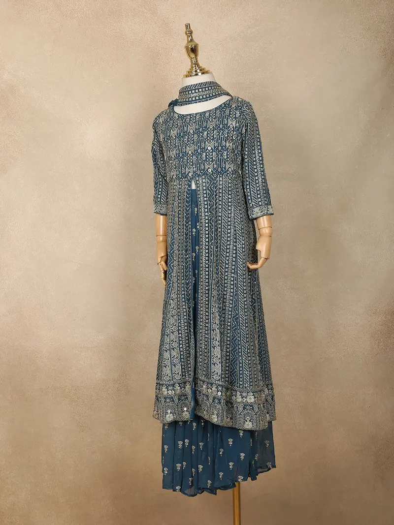 Pale Blue Mirror Embroidered Design Georgette Kids Palazzo Suit 4