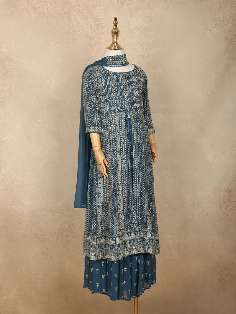 Pale Blue Mirror Embroidered Design Georgette Kids Palazzo Suit 5