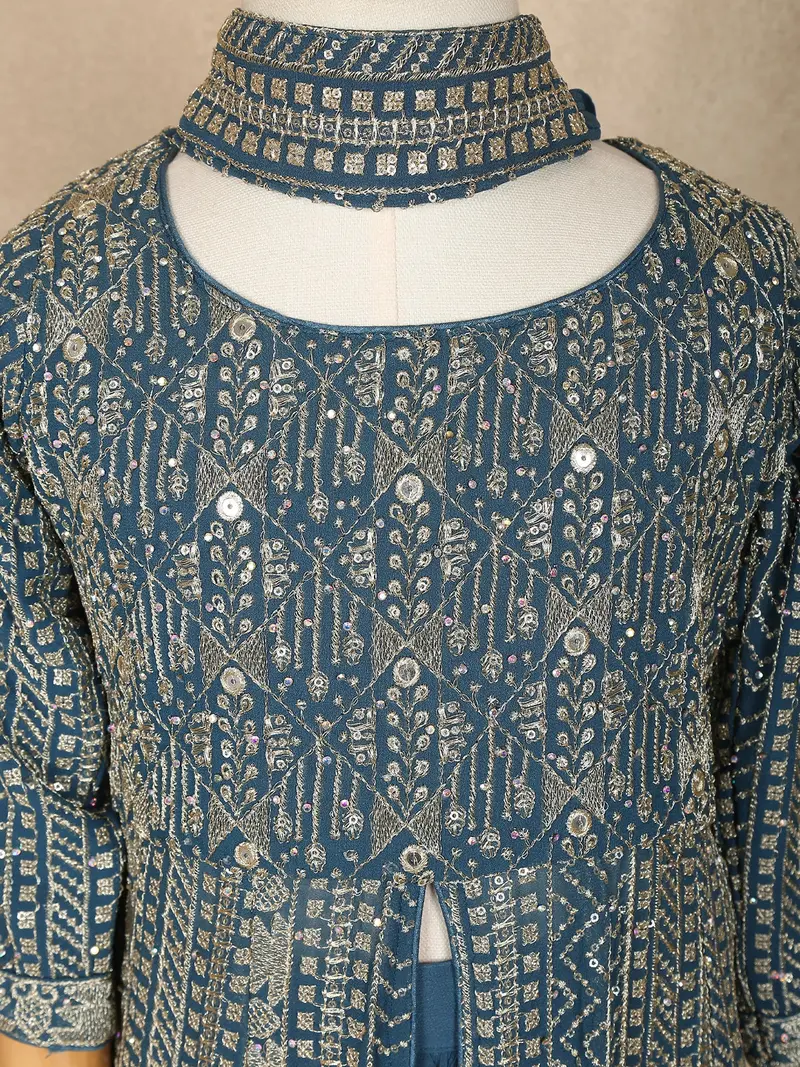 Pale Blue Mirror Embroidered Design Georgette Kids Palazzo Suit 6