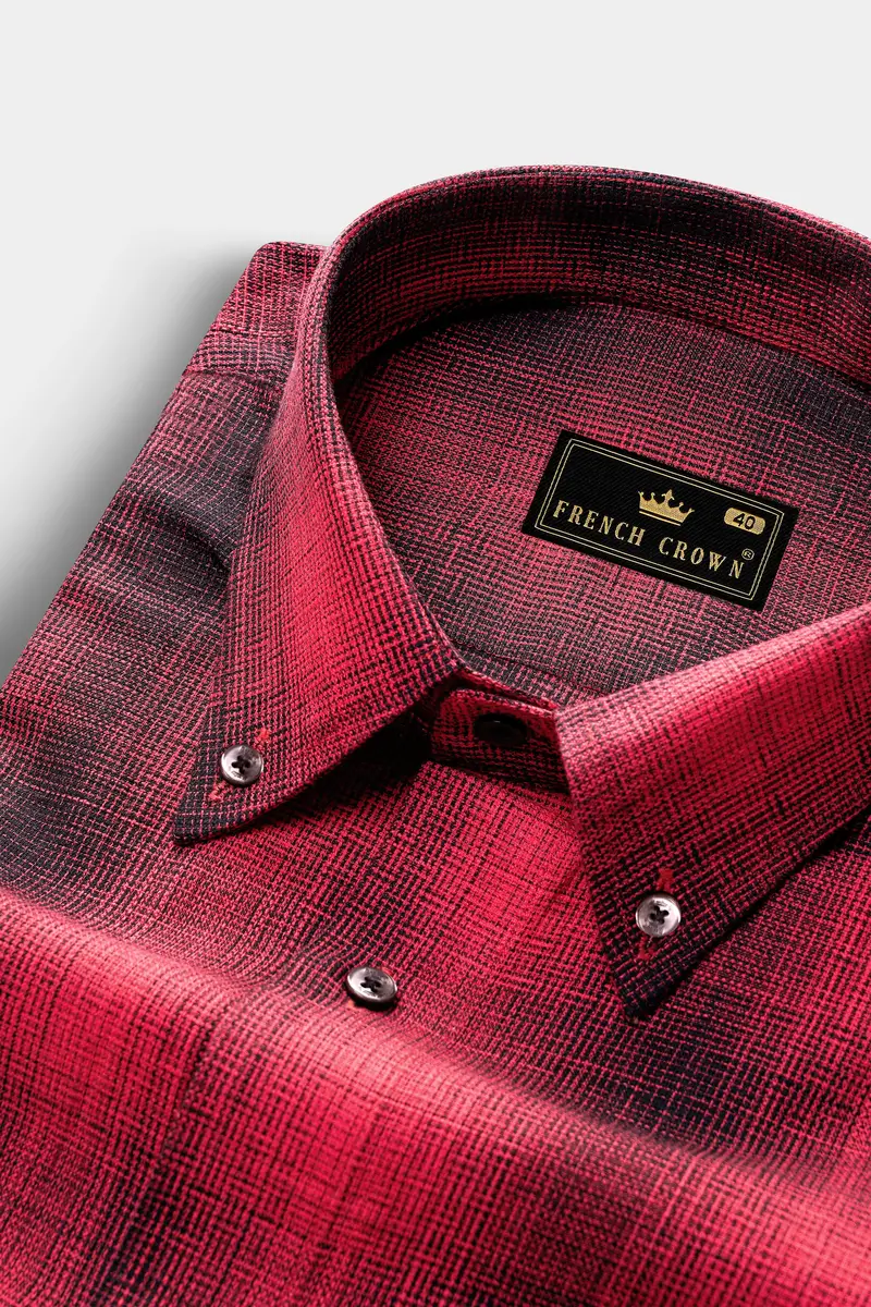 Pale Carmine Red And Jade Black Plaid Dobby Textured Premium Giza Cotton Shirt 1