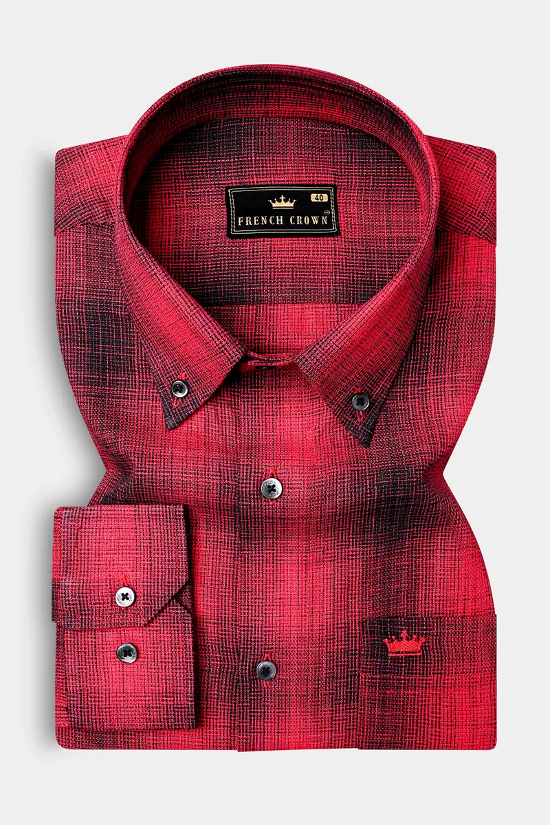 Pale Carmine Red And Jade Black Plaid Dobby Textured Premium Giza Cotton Shirt 3
