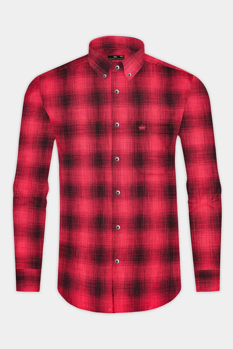 Pale Carmine Red And Jade Black Plaid Dobby Textured Premium Giza Cotton Shirt 4