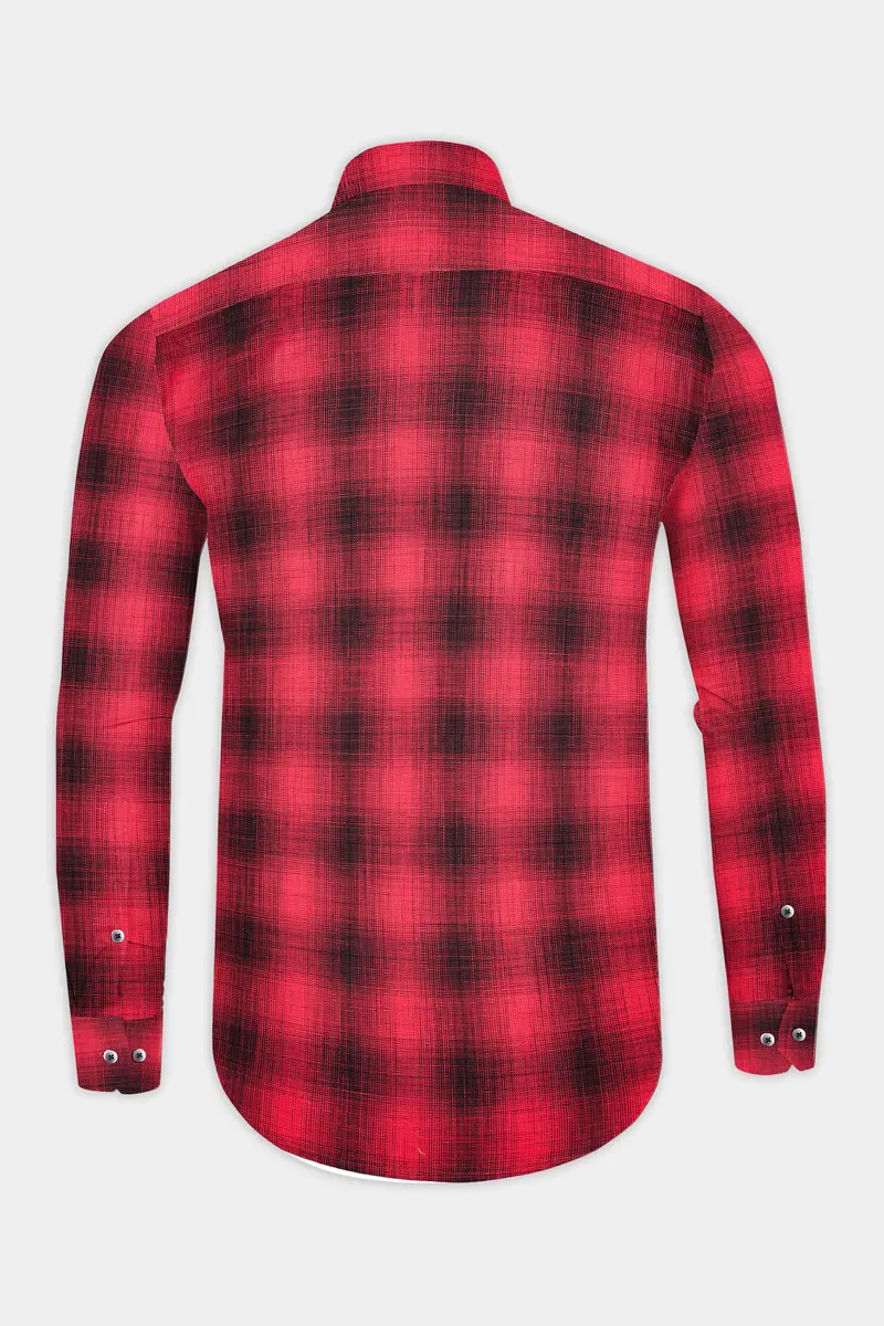 Pale Carmine Red And Jade Black Plaid Dobby Textured Premium Giza Cotton Shirt 5