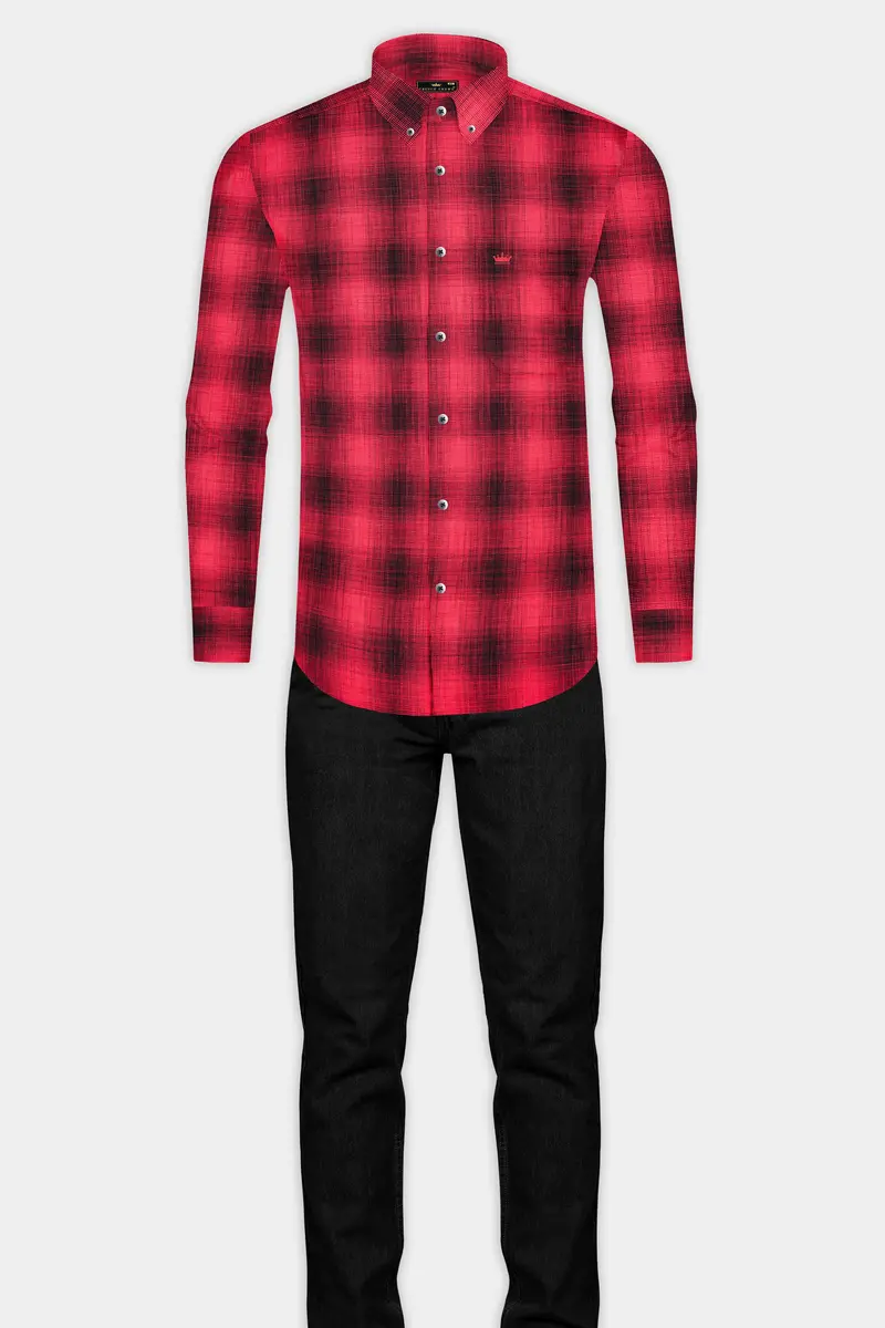 Pale Carmine Red And Jade Black Plaid Dobby Textured Premium Giza Cotton Shirt 6