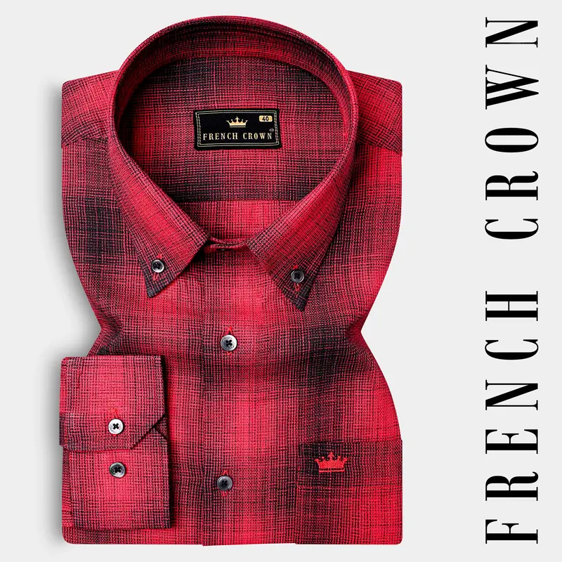 Pale Carmine Red And Jade Black Plaid Dobby Textured Premium Giza Cotton Shirt 7