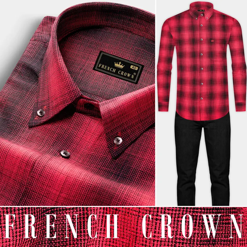 Pale Carmine Red And Jade Black Plaid Dobby Textured Premium Giza Cotton Shirt 8