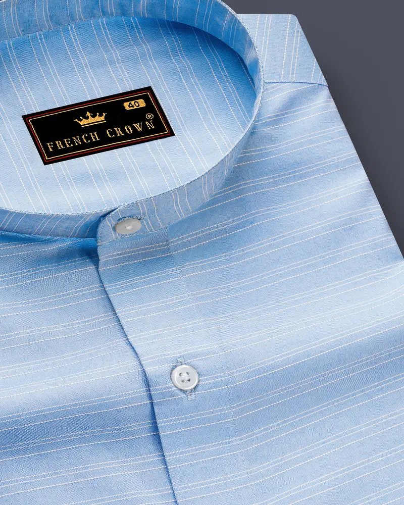 Pale Cerulean Blue With White Striped Dobby Textured Premium Giza Cotton Shirt 1