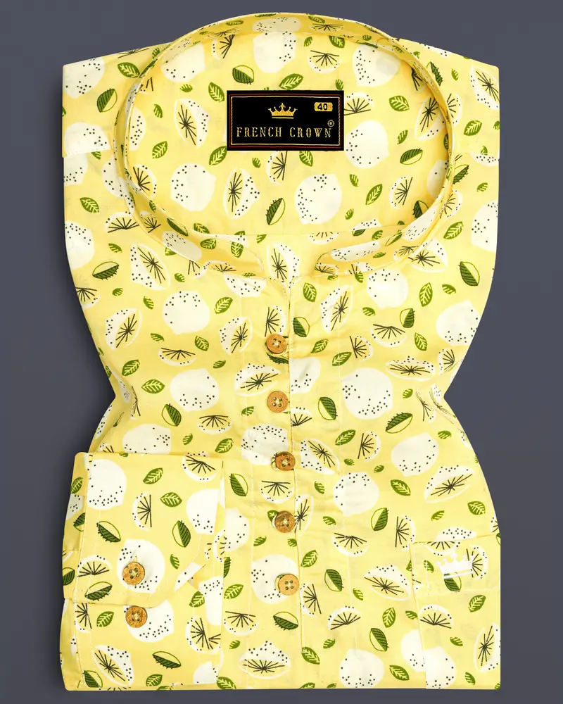 Pale Goldenrod Yellow Floral Printed Premium Cotton Kurta Shirt 1
