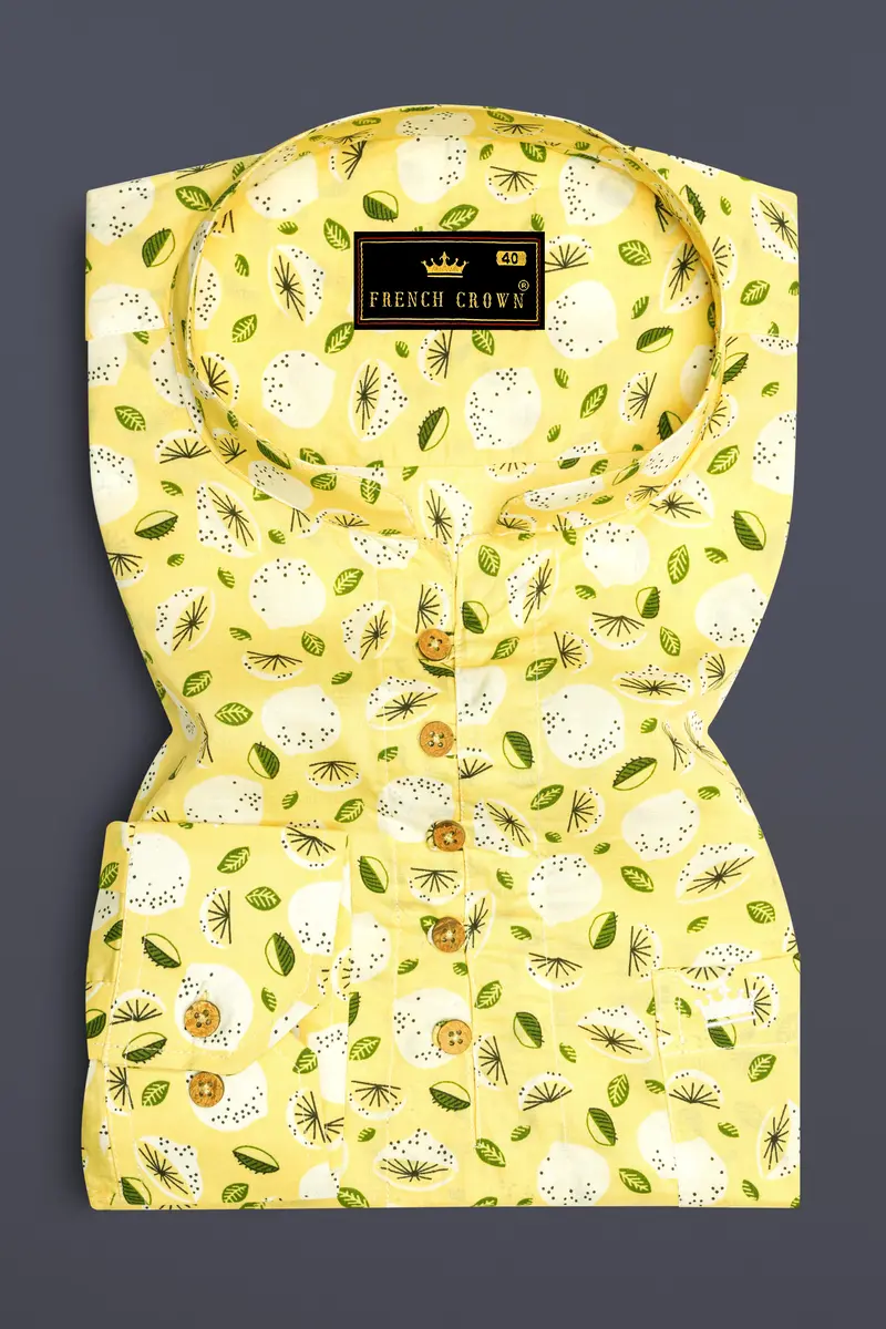 Pale Goldenrod Yellow Floral Printed Premium Cotton Kurta Shirt 2
