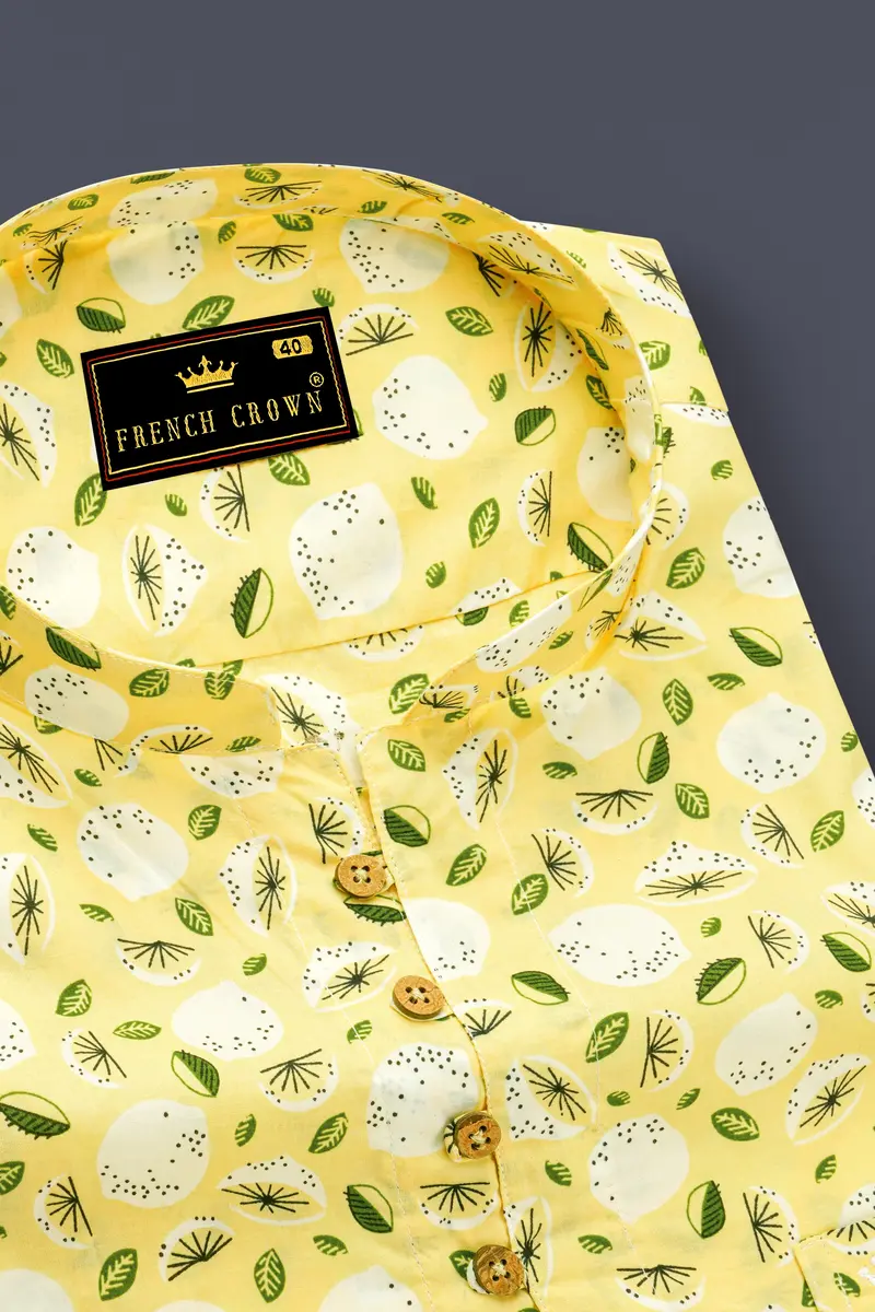 Pale Goldenrod Yellow Floral Printed Premium Cotton Kurta Shirt 4