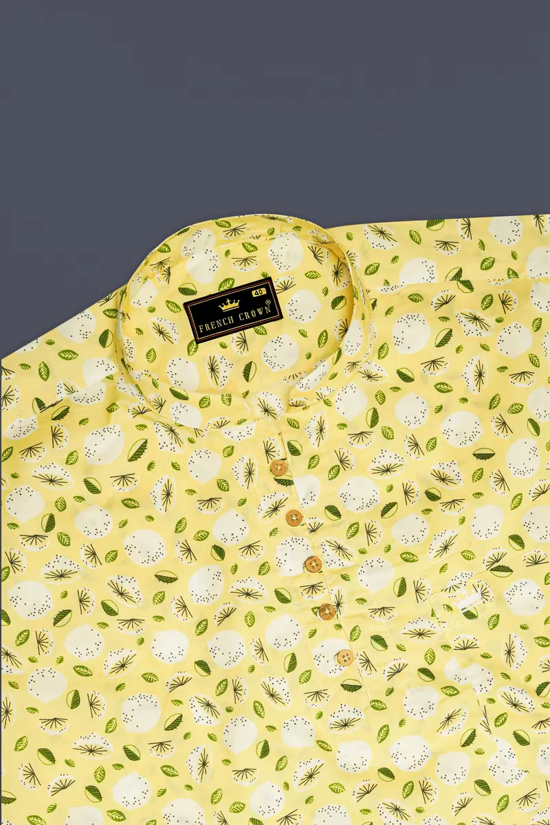 Pale Goldenrod Yellow Floral Printed Premium Cotton Kurta Shirt 5
