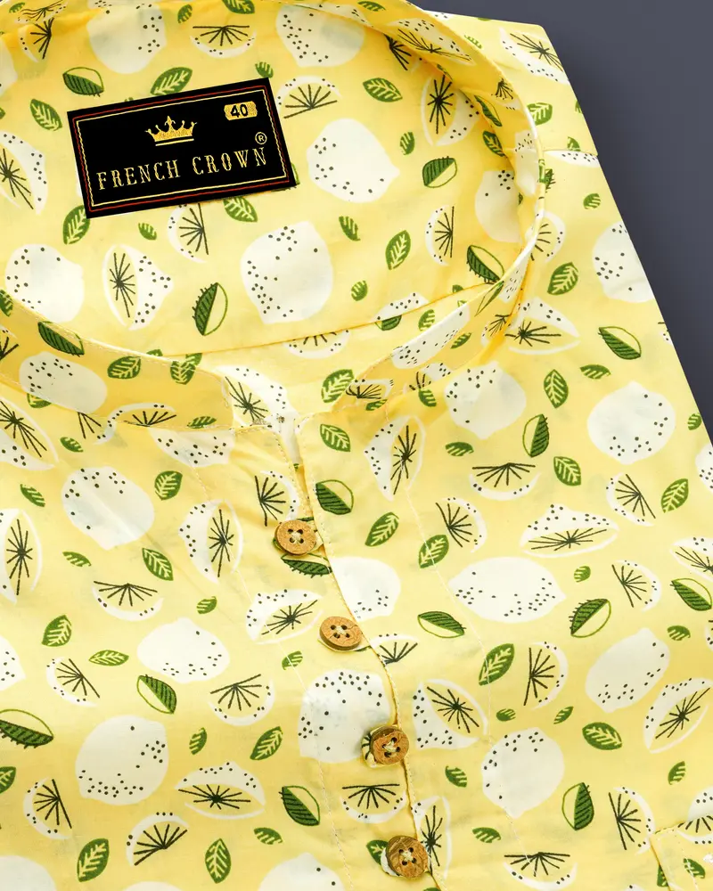Pale Goldenrod Yellow Floral Printed Premium Cotton Kurta Shirt 6