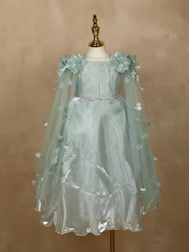Pale Green 3D Floral Designed Party Gown For Girls 1