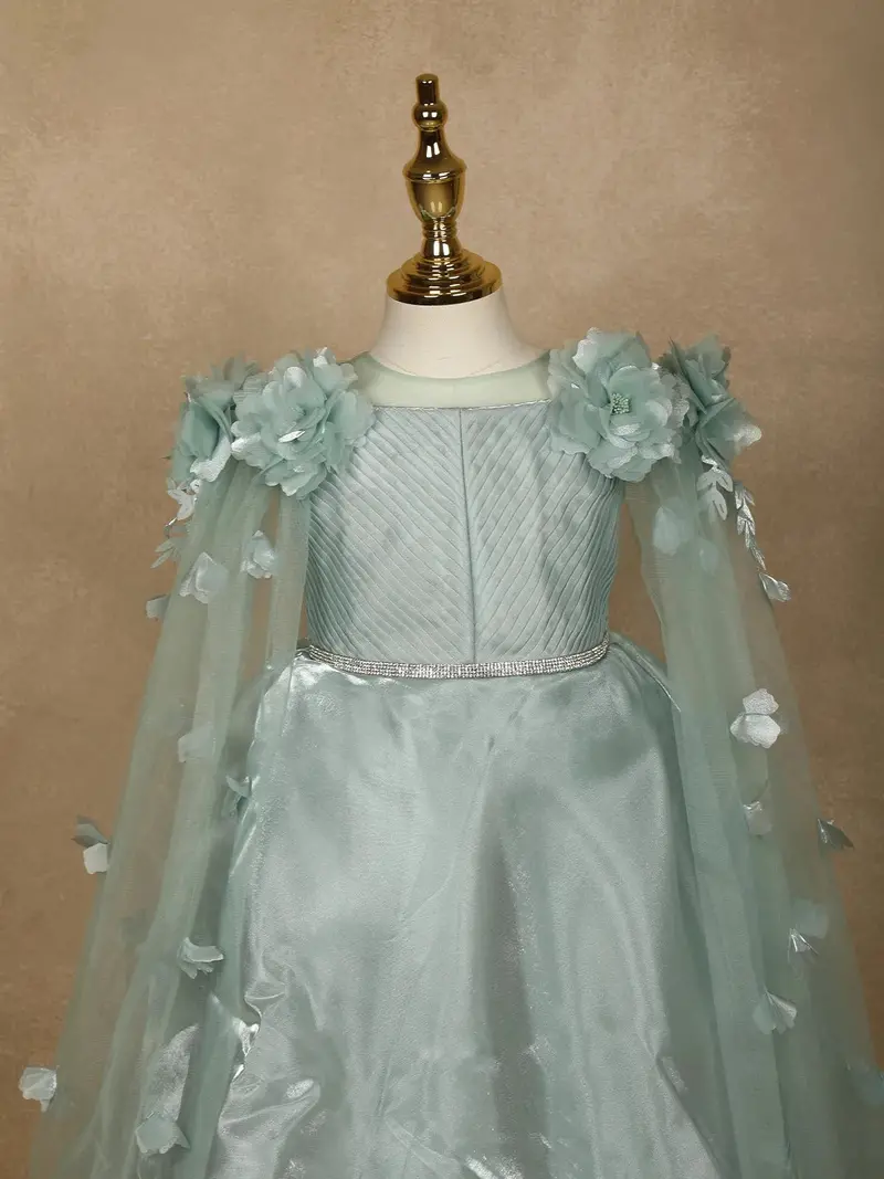 Pale Green 3D Floral Designed Party Gown For Girls 2