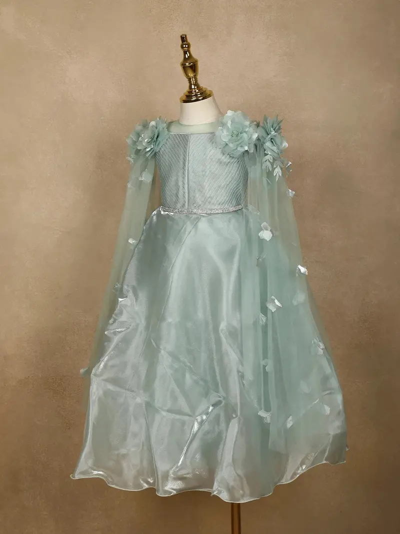 Pale Green 3D Floral Designed Party Gown For Girls 3