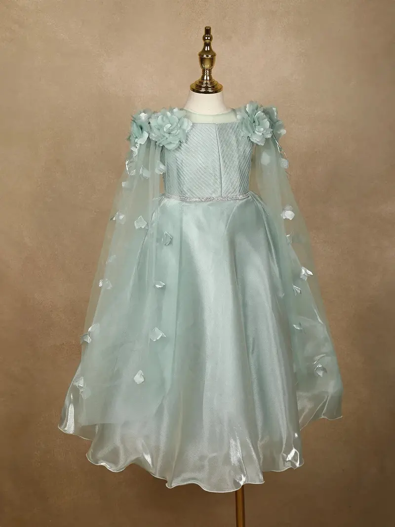 Pale Green 3D Floral Designed Party Gown For Girls 4