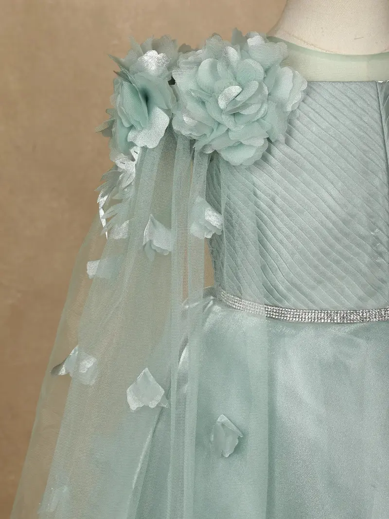 Pale Green 3D Floral Designed Party Gown For Girls 5