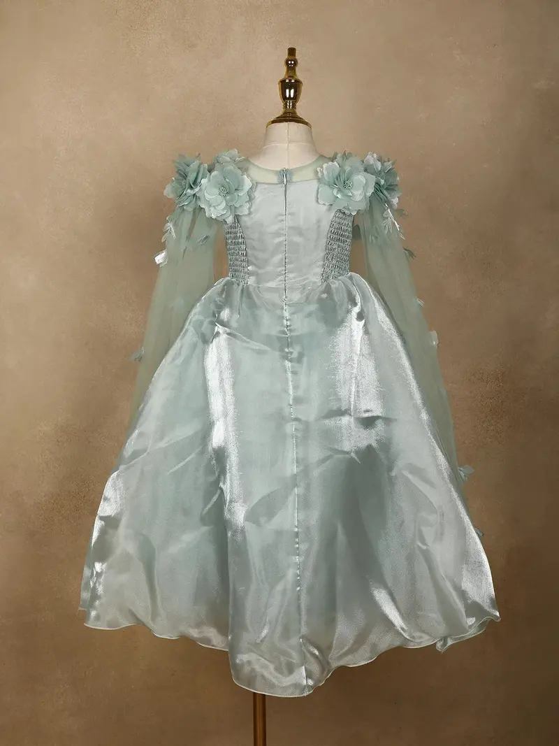 Pale Green 3D Floral Designed Party Gown For Girls 7