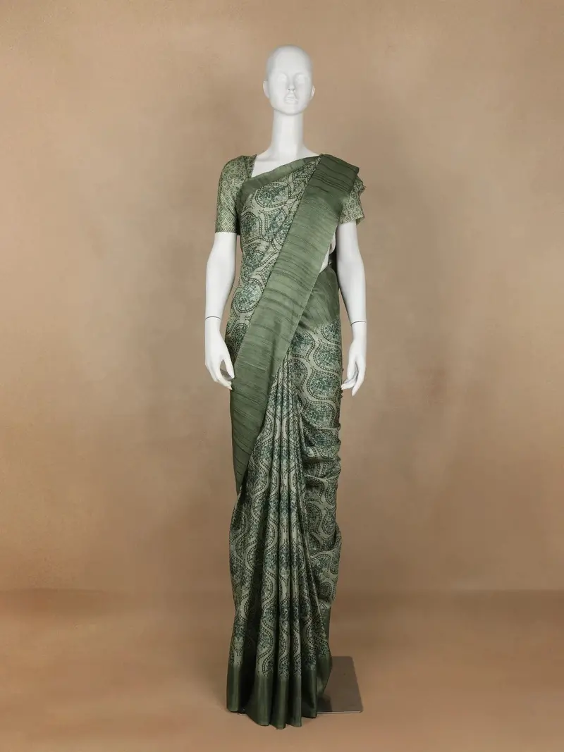 Pale Green Abstract Designed Semi Tussar Silk Saree 1