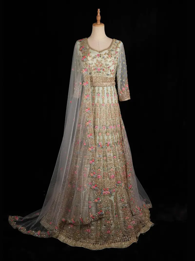 Pale Green Engagement Gown With Floral Embroidery Design And Net Dupatta 1