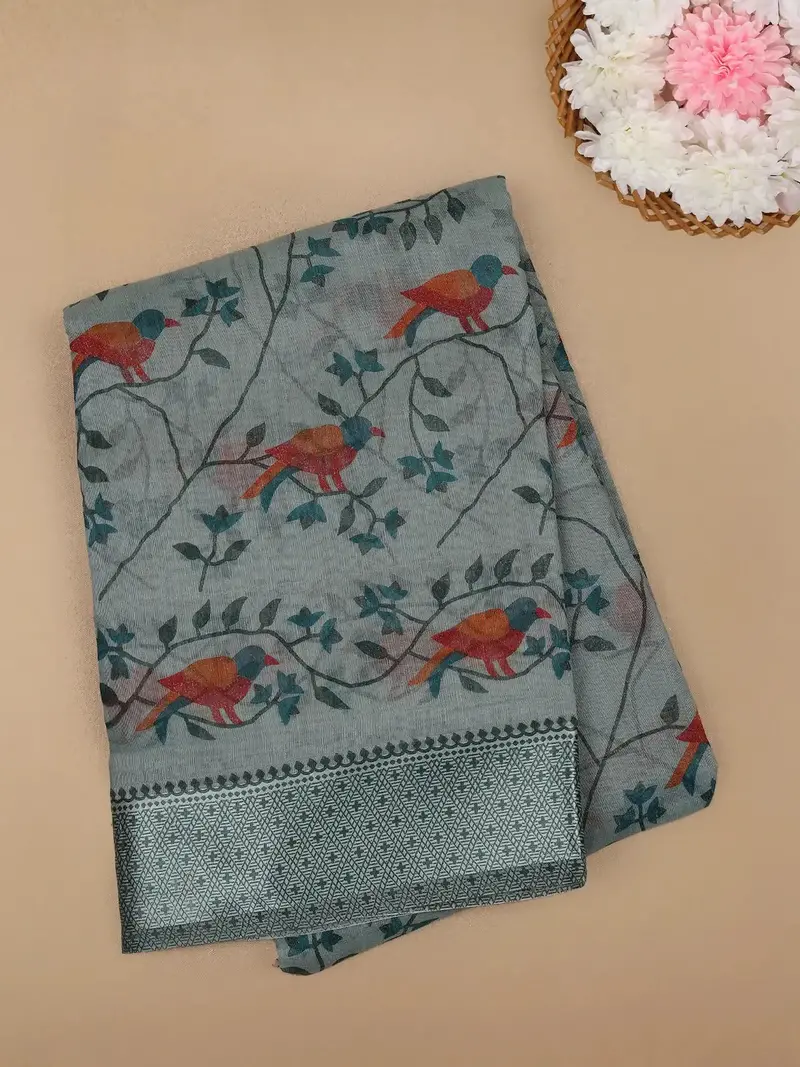 Pale Green Floral And Bird Designed Fancy Cotton Saree 1