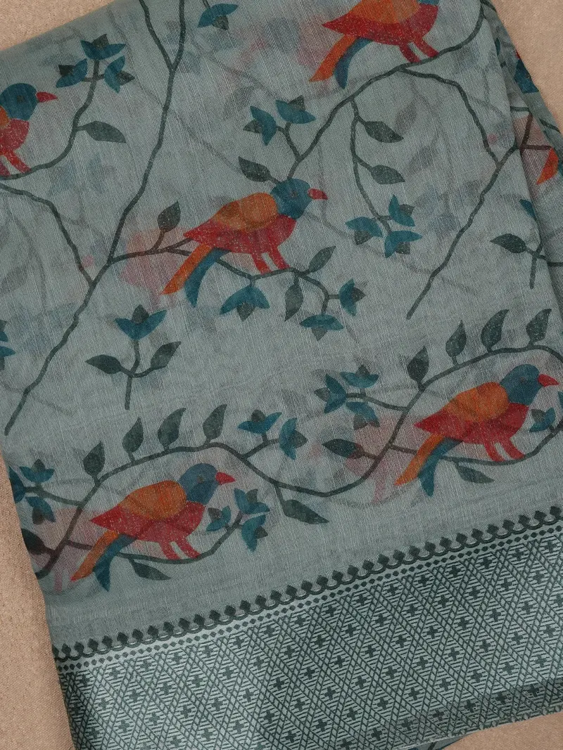 Pale Green Floral And Bird Designed Fancy Cotton Saree 2