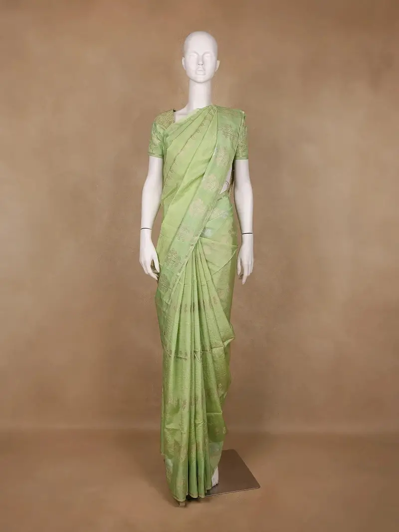 Pale Green Floral Design Silk Cotton Saree 1